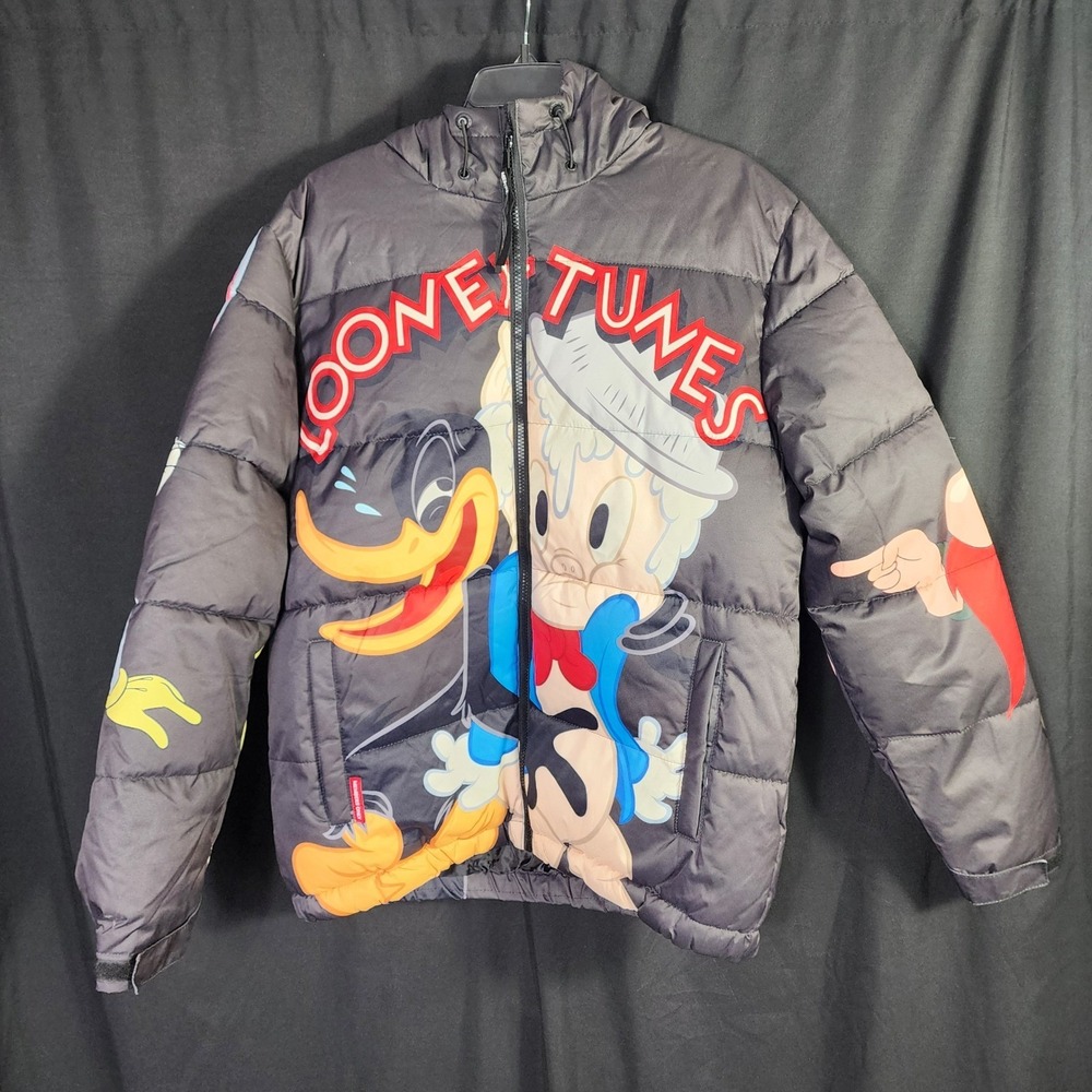 Members Only Looney Tunes Puffer Jacket Mens‎ M Black Bugs Bunny Daffy Duck Rare